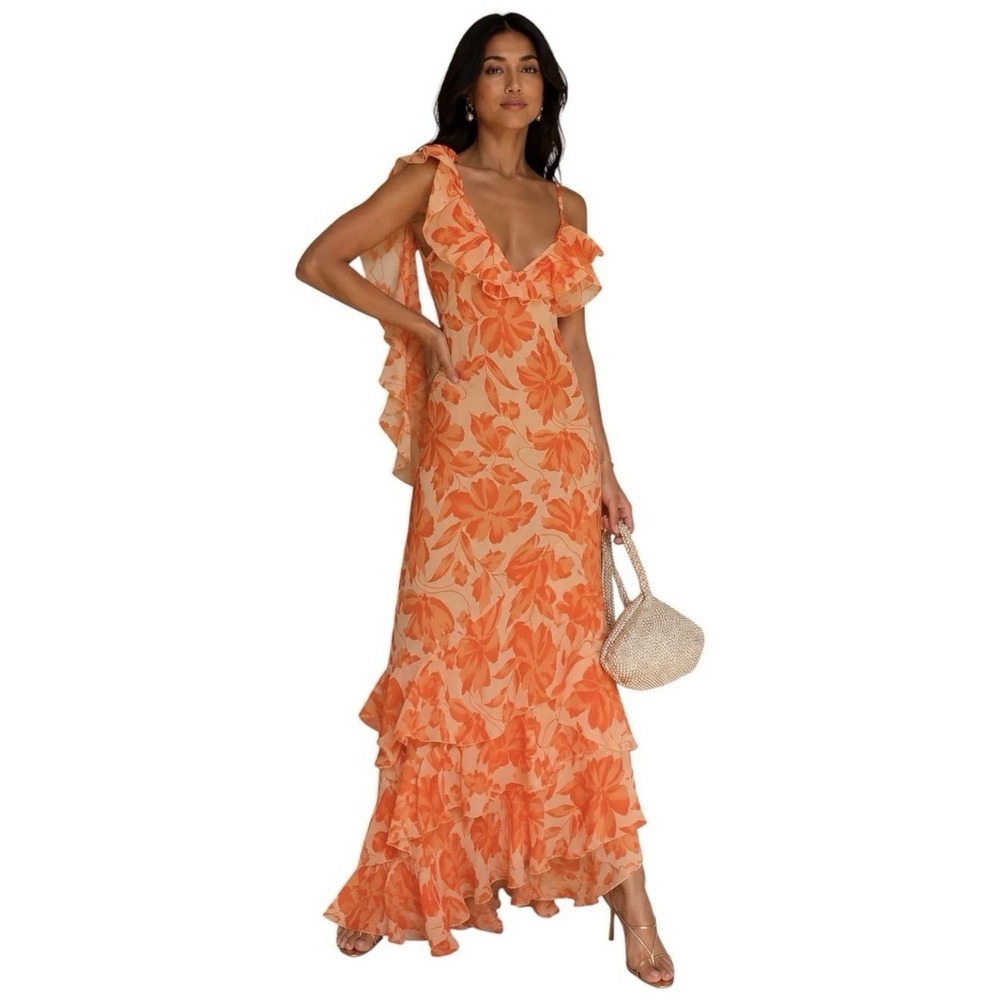 Finesse Floral Maxi Dress Orange Peach Ruffle Tiered Sheer Wedding Guest XS